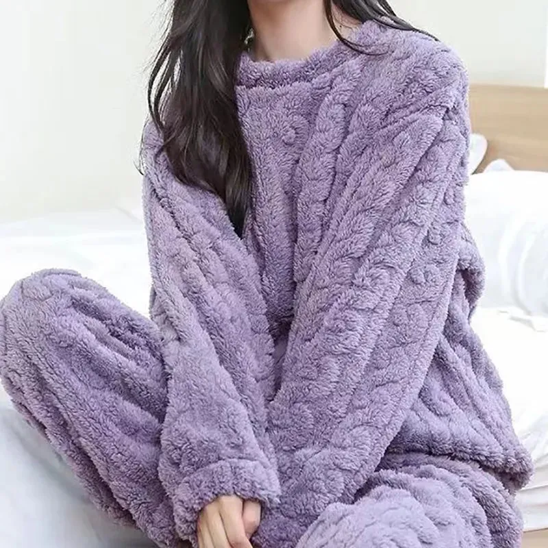 2 Piece Set Ribbed Fleece Pullover And Pants Women Pajamas*