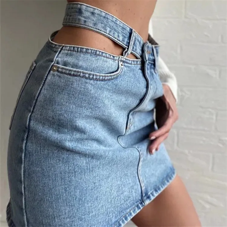 A-Line Hollow High Waist Solid Color Trendy Denim Skirt Wholesale Women Bottoms