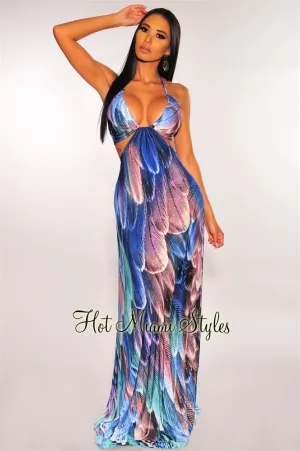 Amethyst Feather Print Cut Out Halter Maxi Dress