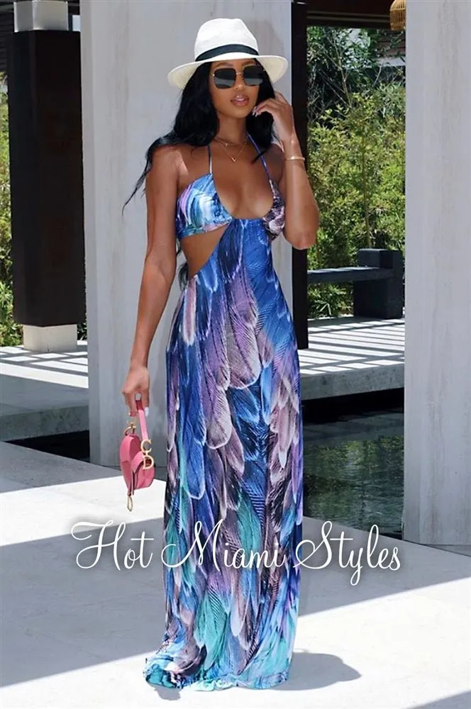 Amethyst Feather Print Cut Out Halter Maxi Dress