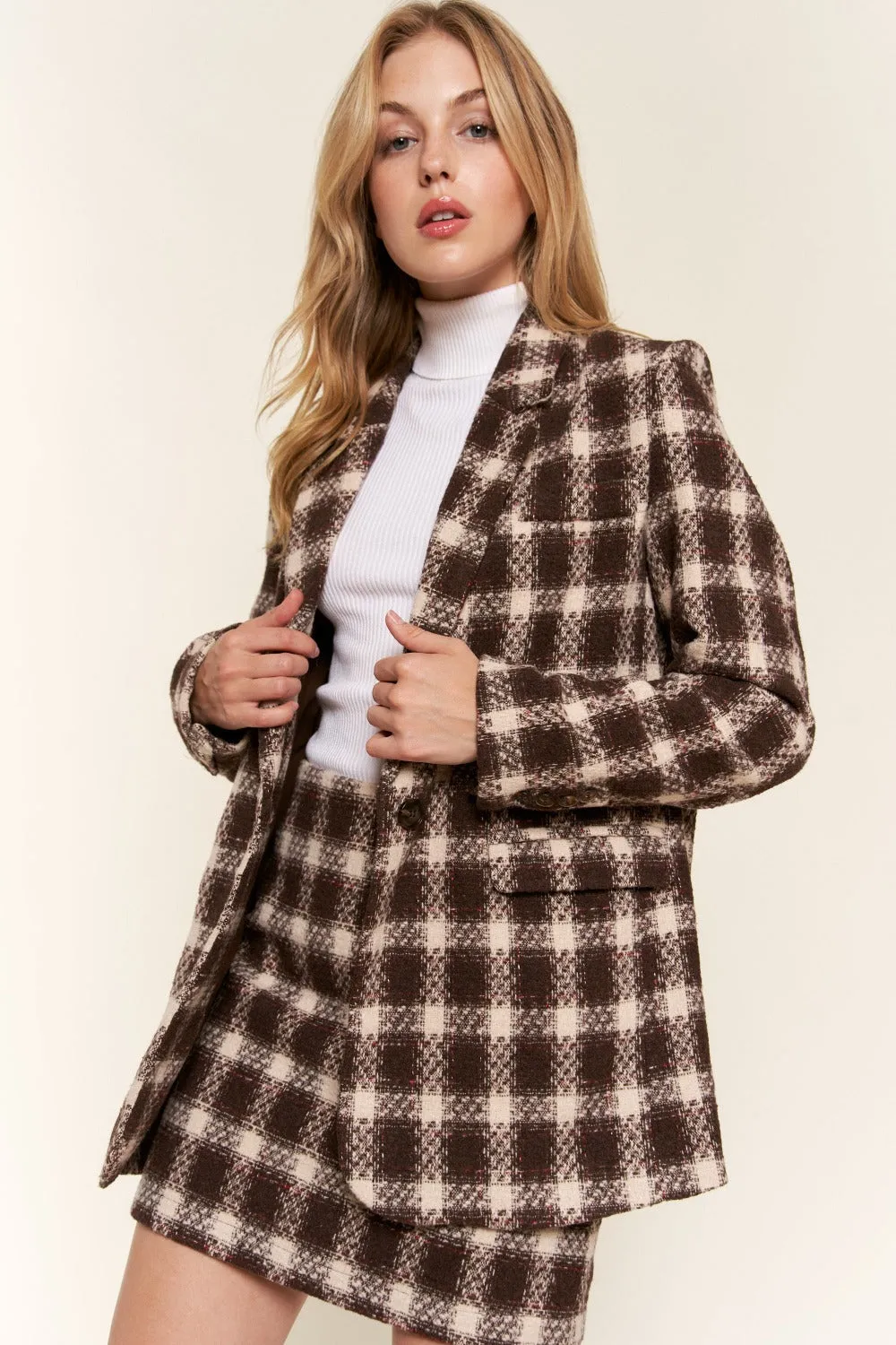 And The Why Full Size Plaid Brushed One Button Blazer