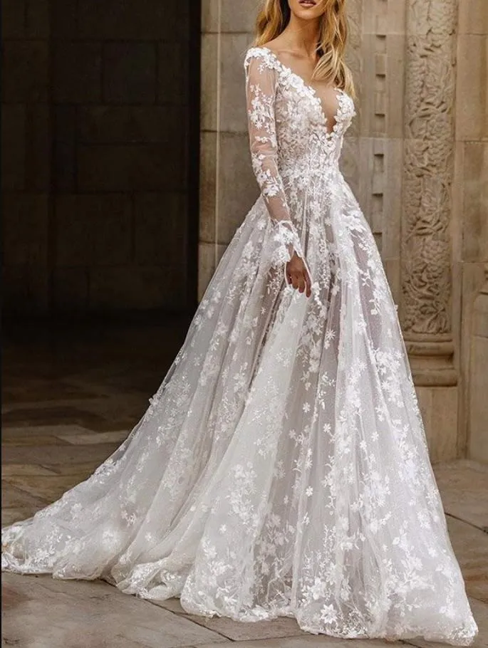 Beautiful Lace V-neck long sleeves Backless Elegant Wedding Dresses,SFWD0050