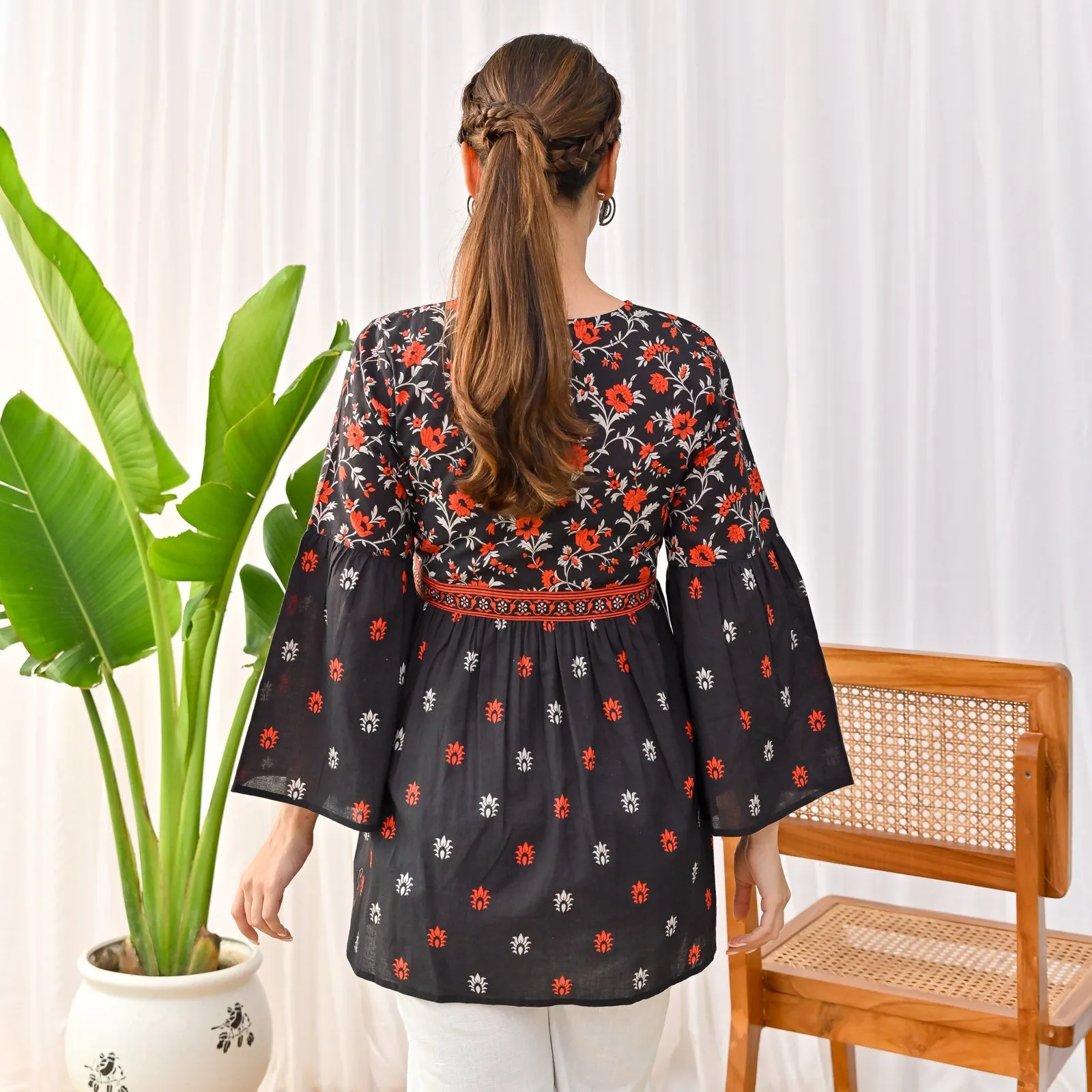 Black Sanganeri Print Tunic with Bell Sleeves