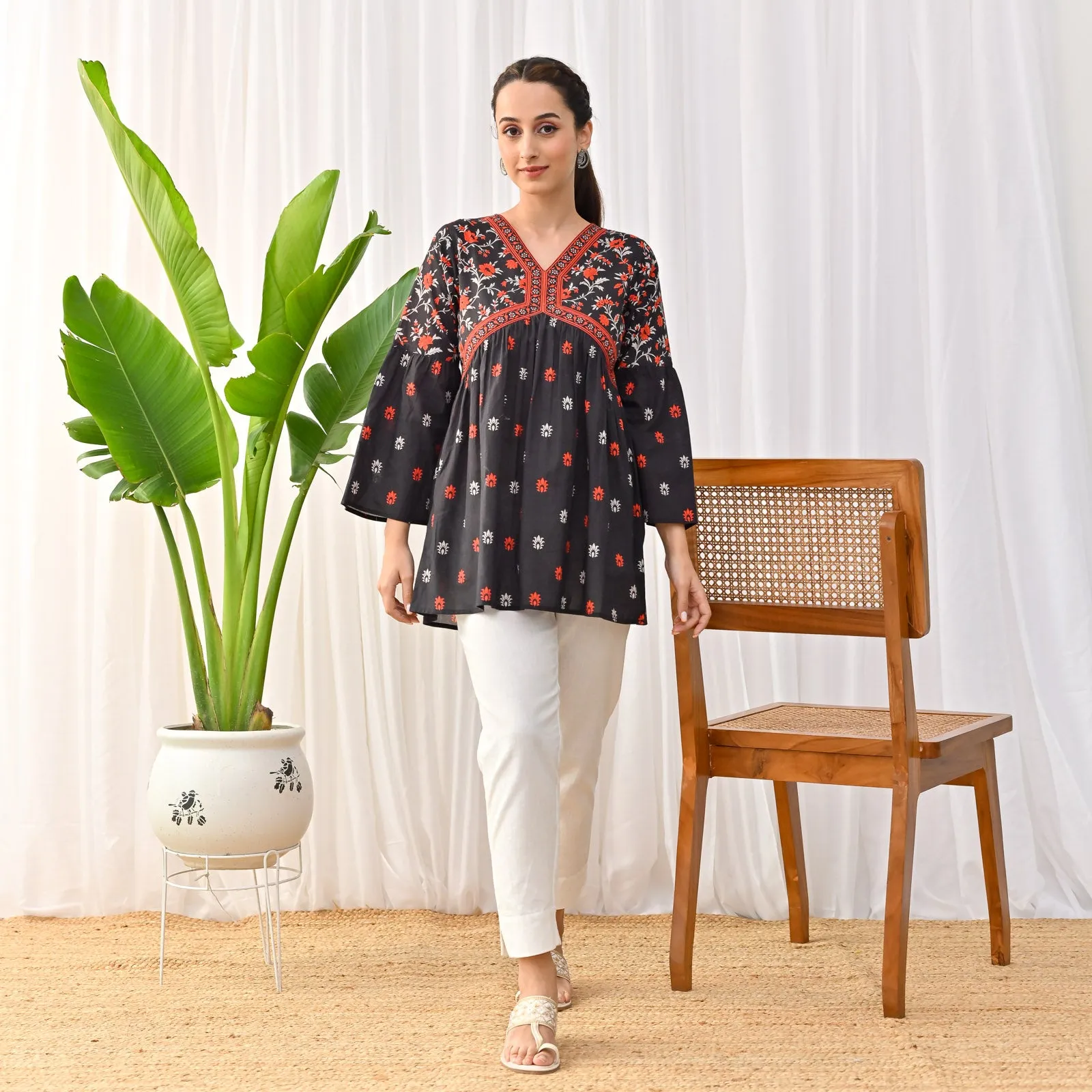 Black Sanganeri Print Tunic with Bell Sleeves