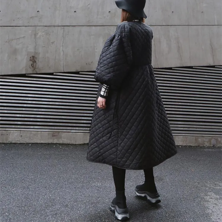 Black Women Puff Sleeves Rhombus Oversize Warm Winter Overcoat