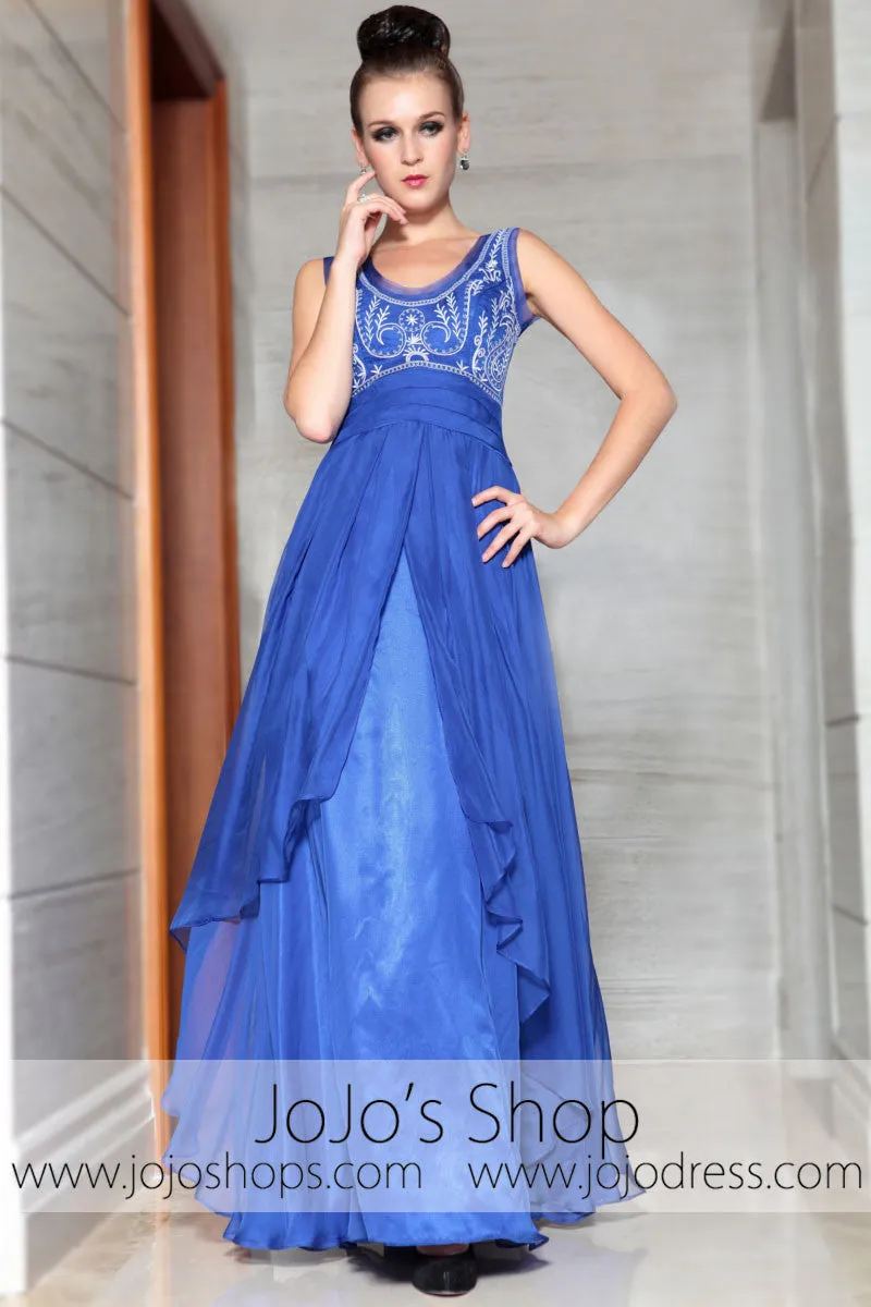 Blue Embroidered Scoop Neck Elegant Prom Evening Formal Dress DQ830875