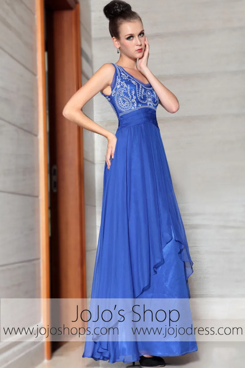 Blue Embroidered Scoop Neck Elegant Prom Evening Formal Dress DQ830875