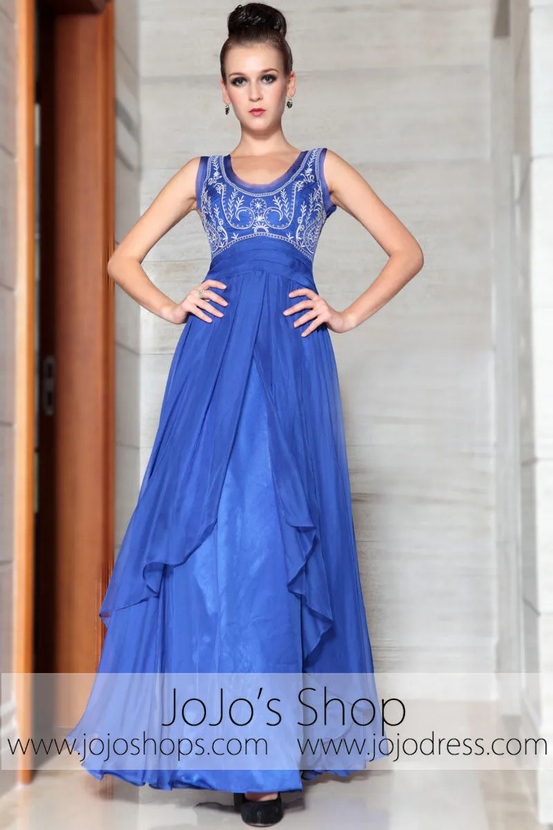 Blue Embroidered Scoop Neck Elegant Prom Evening Formal Dress DQ830875