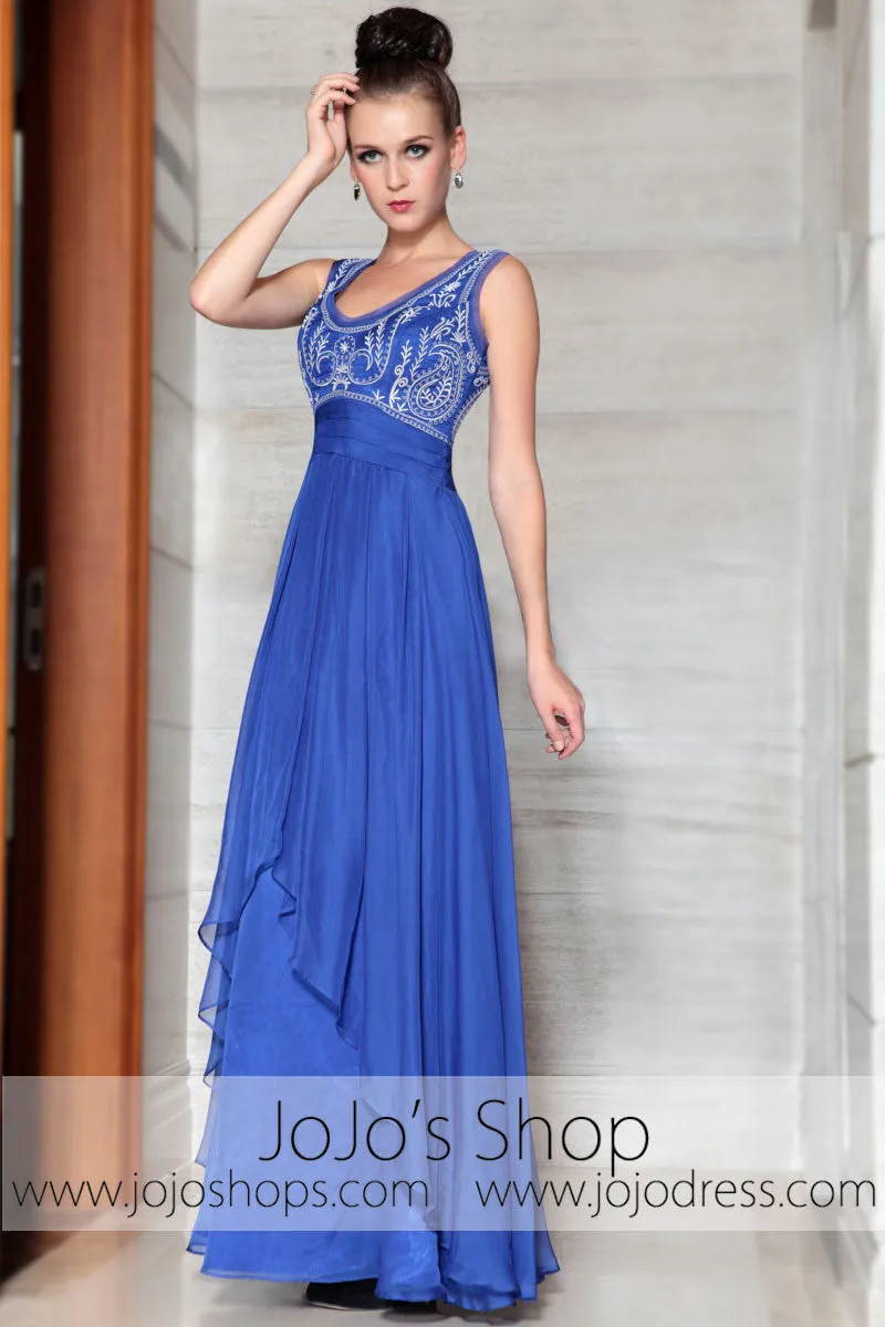 Blue Embroidered Scoop Neck Elegant Prom Evening Formal Dress DQ830875