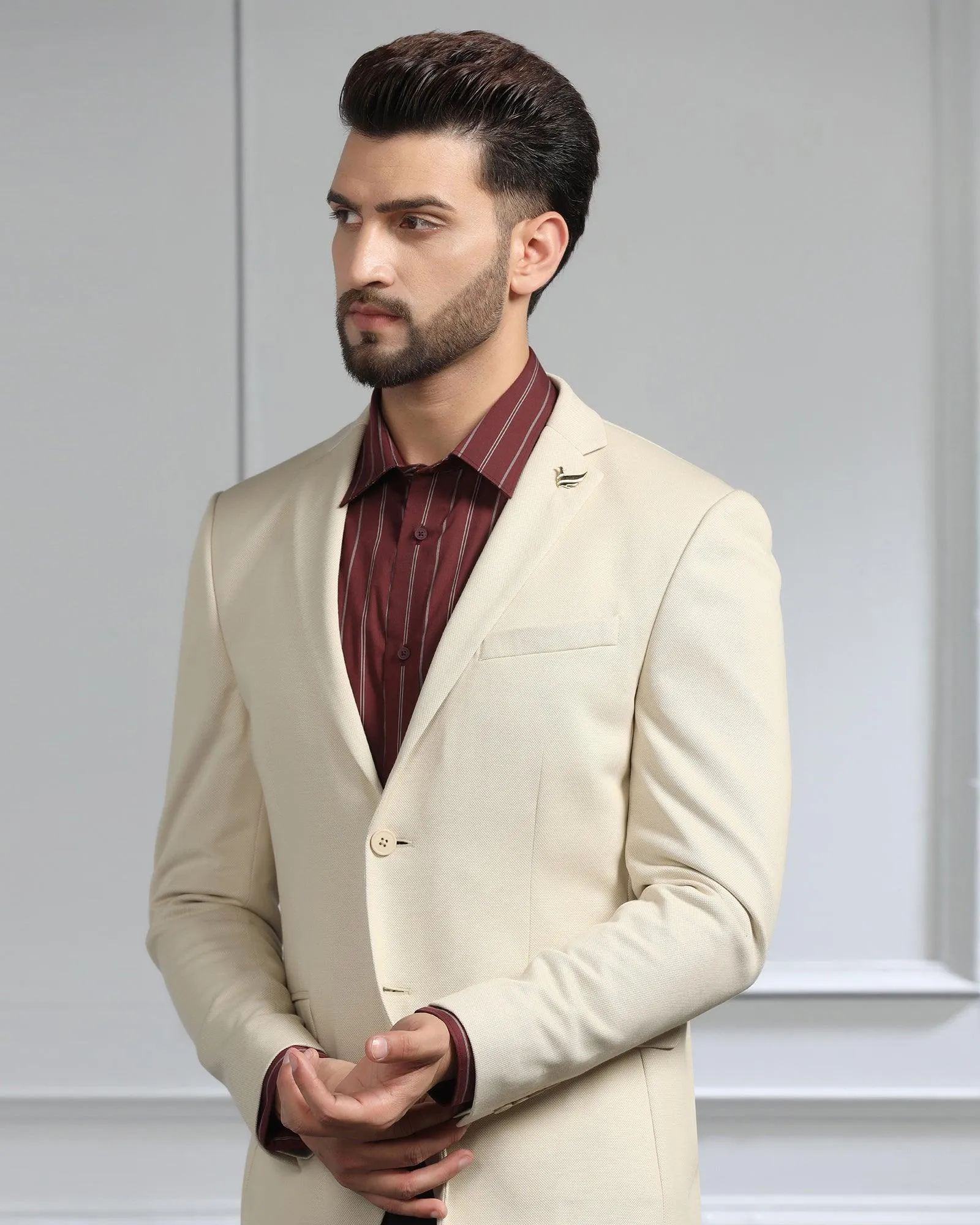 Casual Beige Textured Blazer - Forest