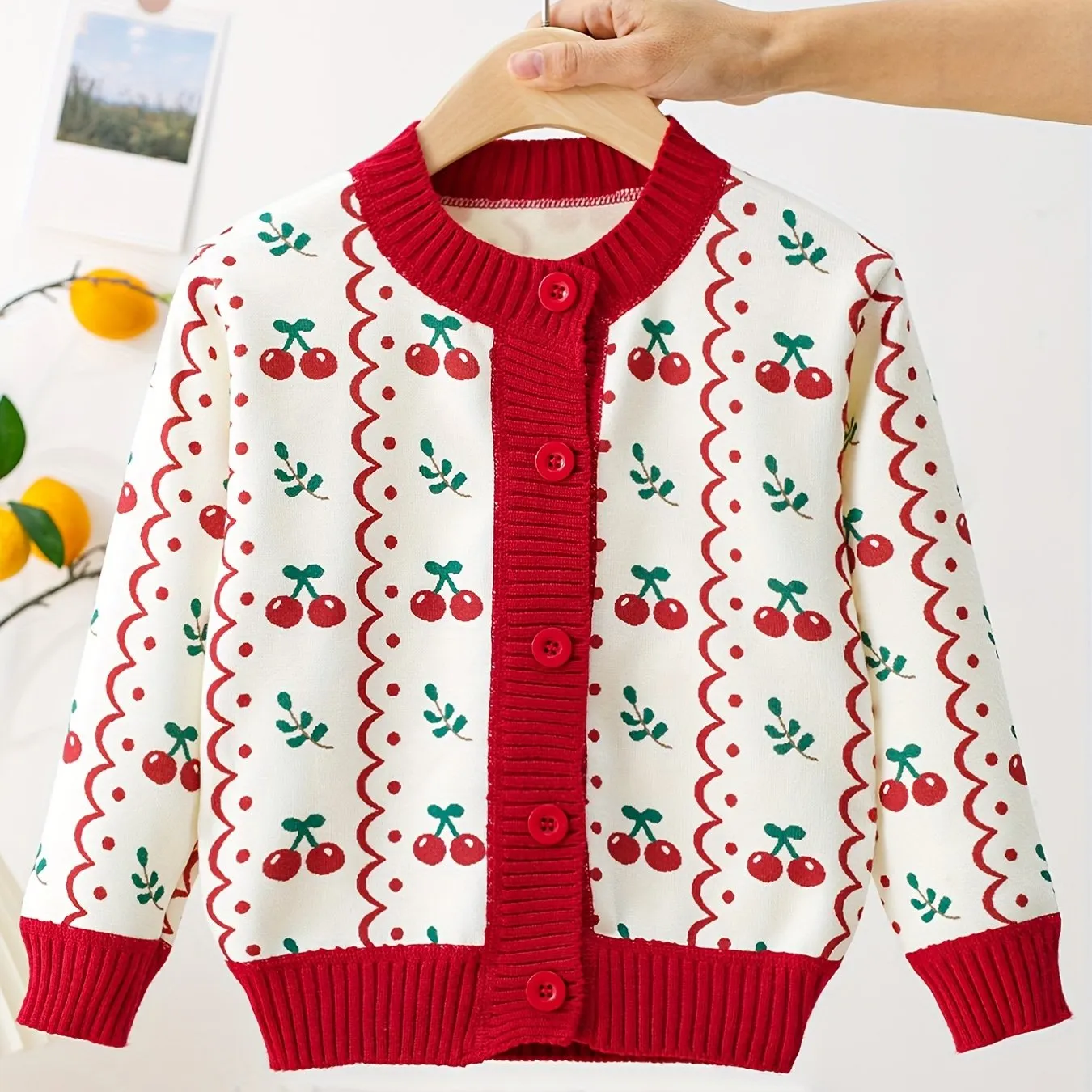 Cherry Jacquard Knit Cardigan For Girls, Comfy Casual Knitted Outerwear Fall/ Winter Clothing, 1pc