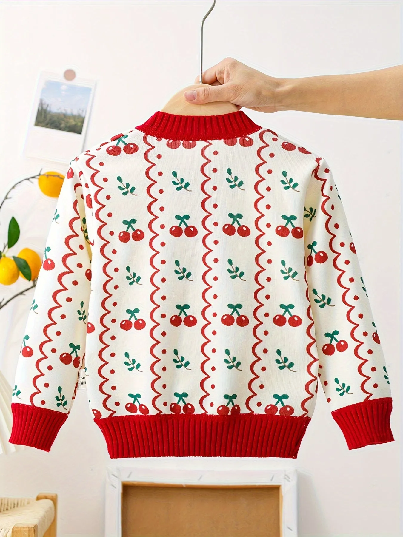 Cherry Jacquard Knit Cardigan For Girls, Comfy Casual Knitted Outerwear Fall/ Winter Clothing, 1pc