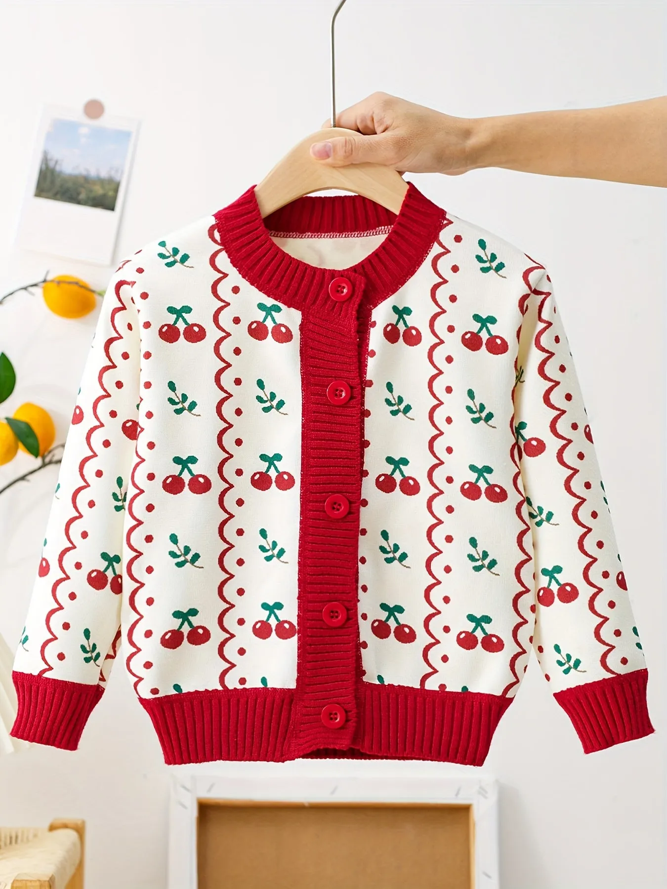 Cherry Jacquard Knit Cardigan For Girls, Comfy Casual Knitted Outerwear Fall/ Winter Clothing, 1pc