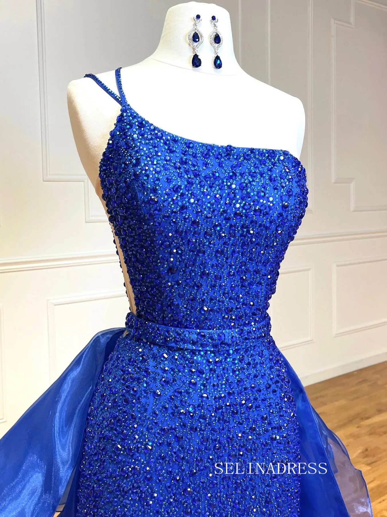 Chic Sheath/Column One Shoulder Long Prom Dresses Elegant Royal Blue Beaded Evening Dress LPK095