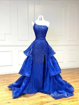 Chic Sheath/Column One Shoulder Long Prom Dresses Elegant Royal Blue Beaded Evening Dress LPK095