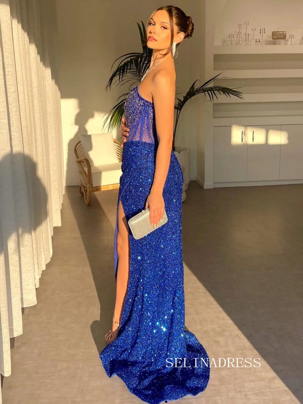 Chic Strapless High Split Long Prom Dresses Elegant Beaded Royal Blue Evening Dress SEW0197