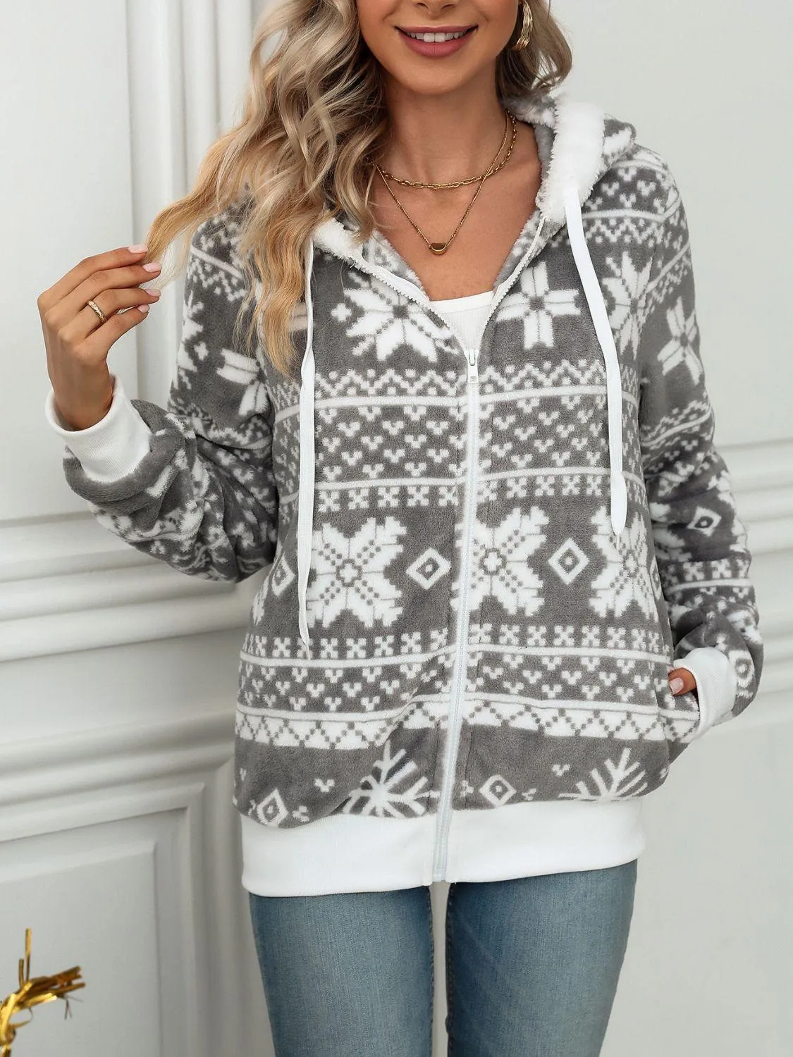 Christmas Jacket Women Snowflake Zip Up Hooded Warm Outerwear