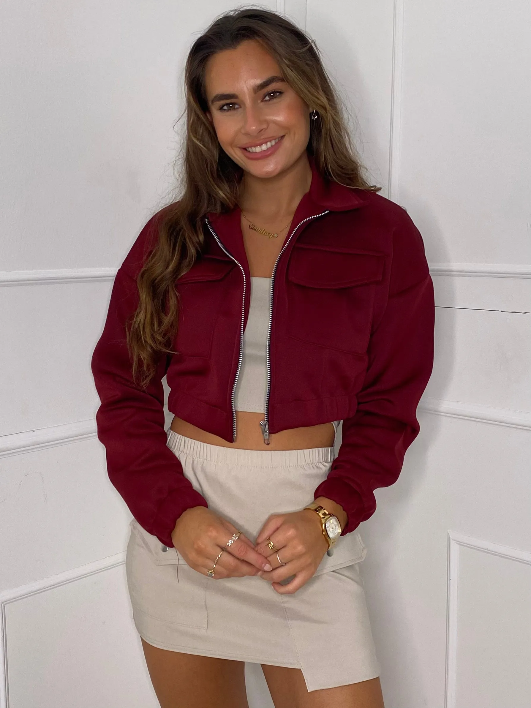 Collar Pocket Detail Cropped Jacket - Wine