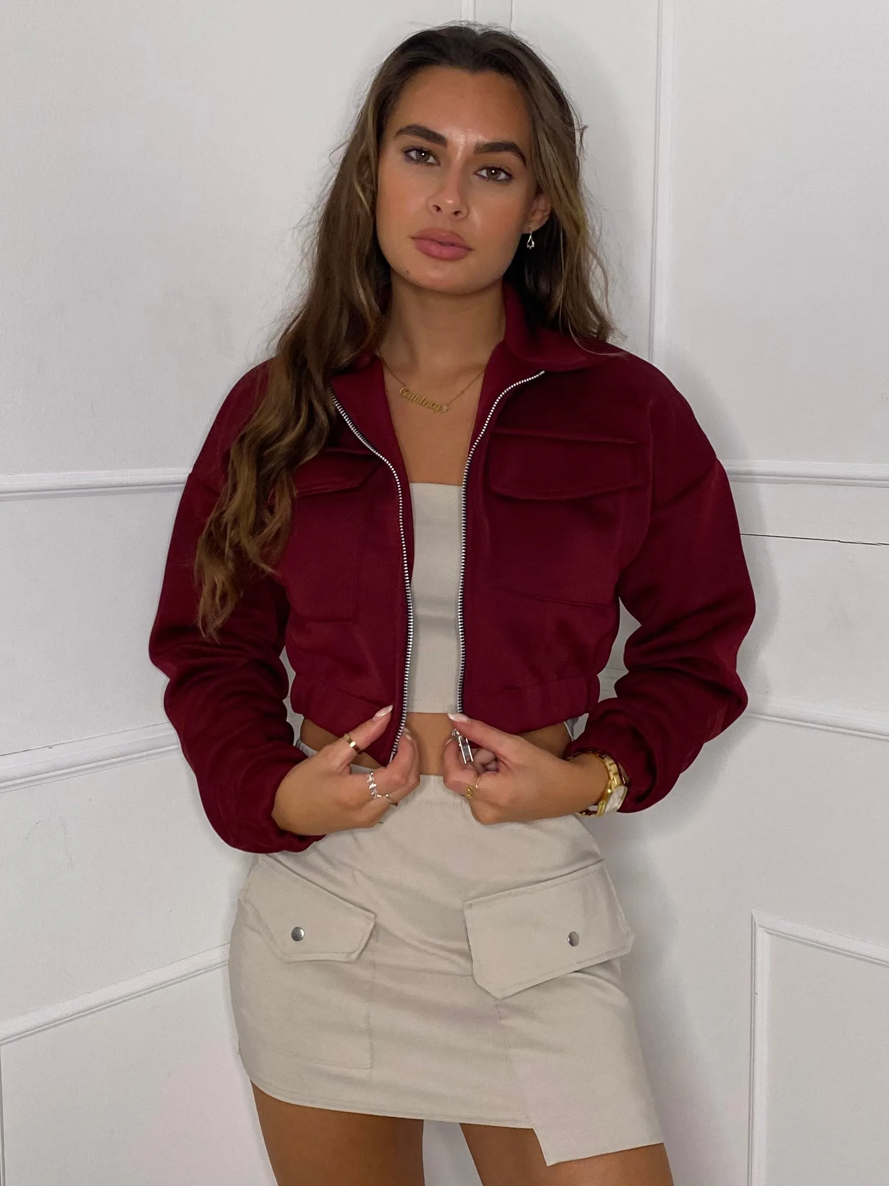 Collar Pocket Detail Cropped Jacket - Wine