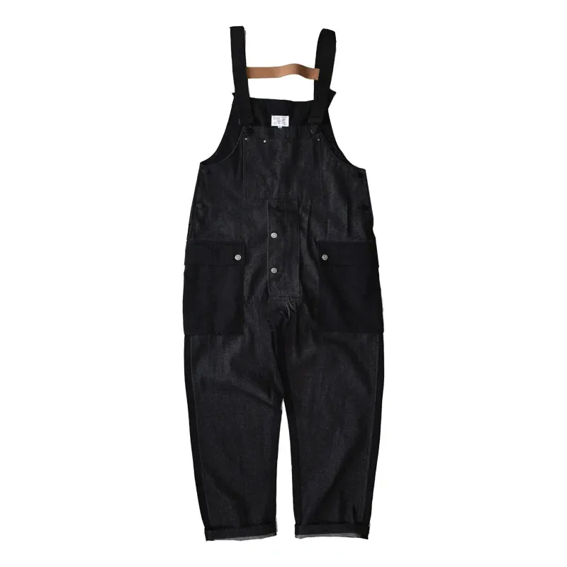 Colorblock Denim Overalls Safari Style Multi Pocket Cargo Jeans Men's Casual Work Pants