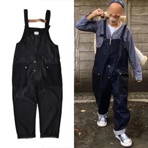 Colorblock Denim Overalls Safari Style Multi Pocket Cargo Jeans Men's Casual Work Pants