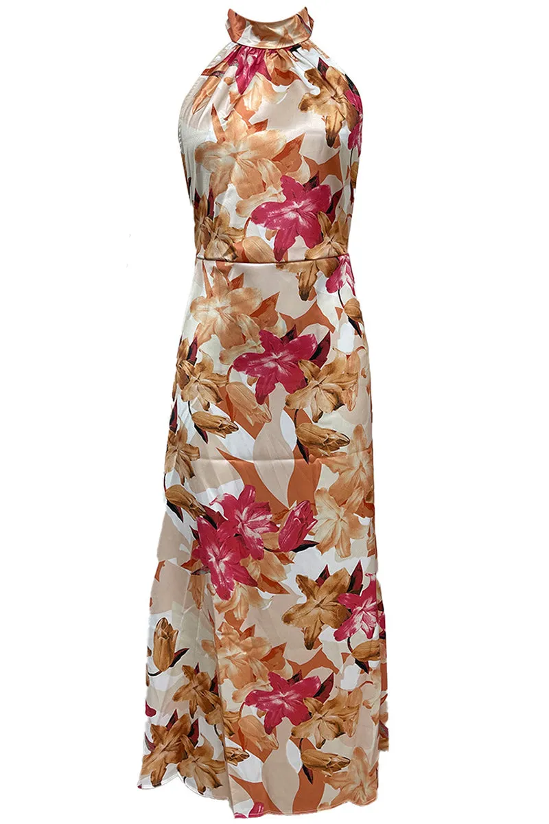 Cute Elegant Floral Backless Halter Printed Dress Dresses(3 Colors)