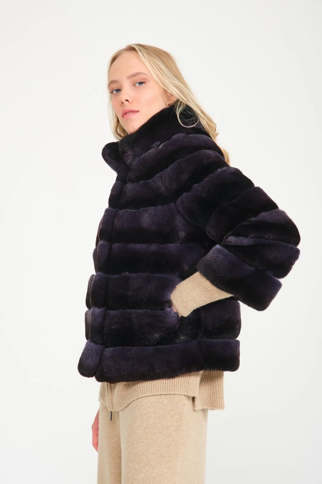 Dark Blue Rex Fur Coat