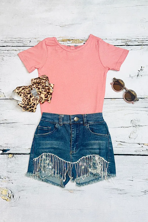 Dark wash denim girls shorts w/rhinestone tassels DLLH2393