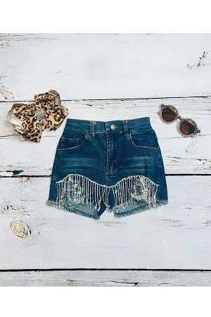 Dark wash denim girls shorts w/rhinestone tassels DLLH2393