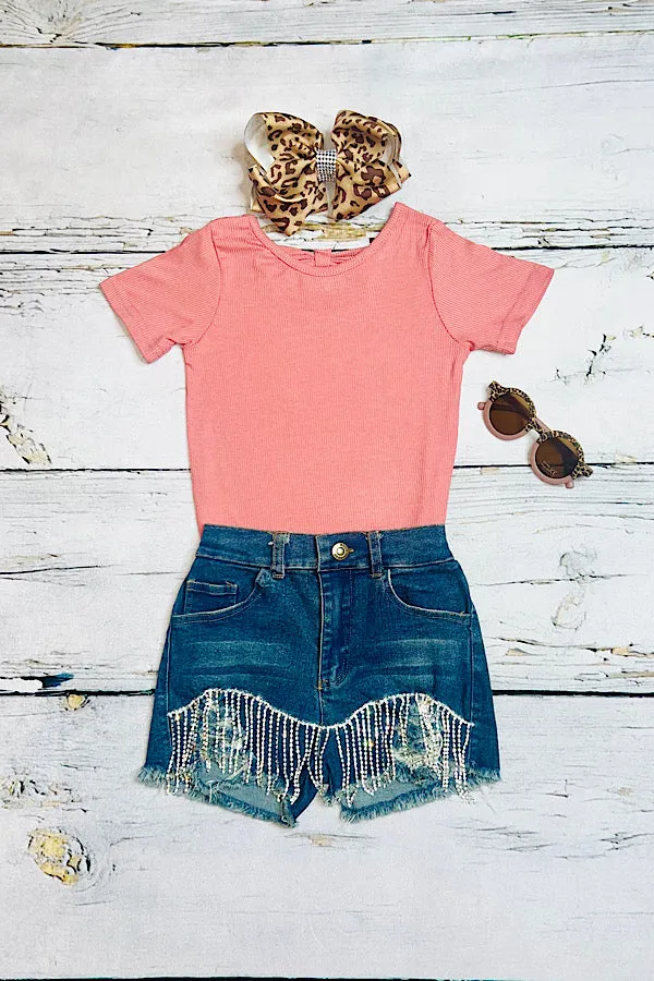 Dark wash denim girls shorts w/rhinestone tassels DLLH2393