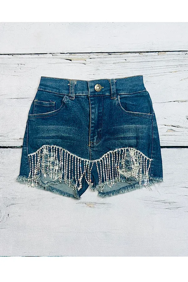 Dark wash denim girls shorts w/rhinestone tassels DLLH2393