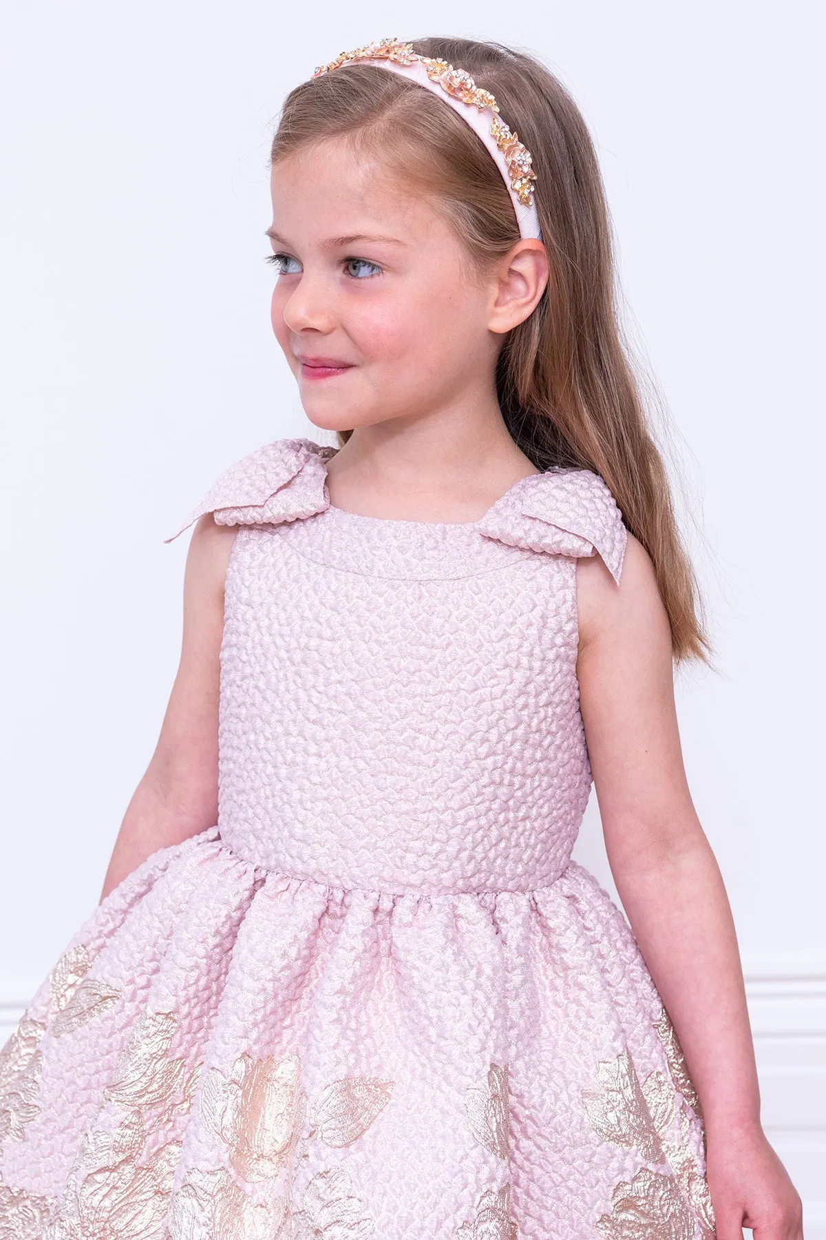 David Charles Pink and Gold Floral Brocade Girls Dress