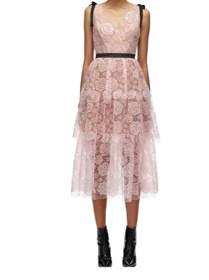 Elegant Floral print Sequin  Lace  Midi  Dress