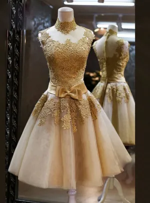 Elegant Gold Applique Homecoming Dresses High Neck Knee Length A Line