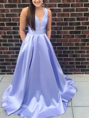 Elegant Light Blue Satin V-neck Sleeveless Long Prom Dresses Formal Dress, OL795