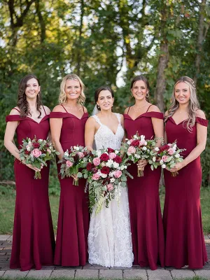 Elegant Spaghetti Straps Off Shoulder Mermaid Burgundy Bridesmaid Dresses Online, BG390