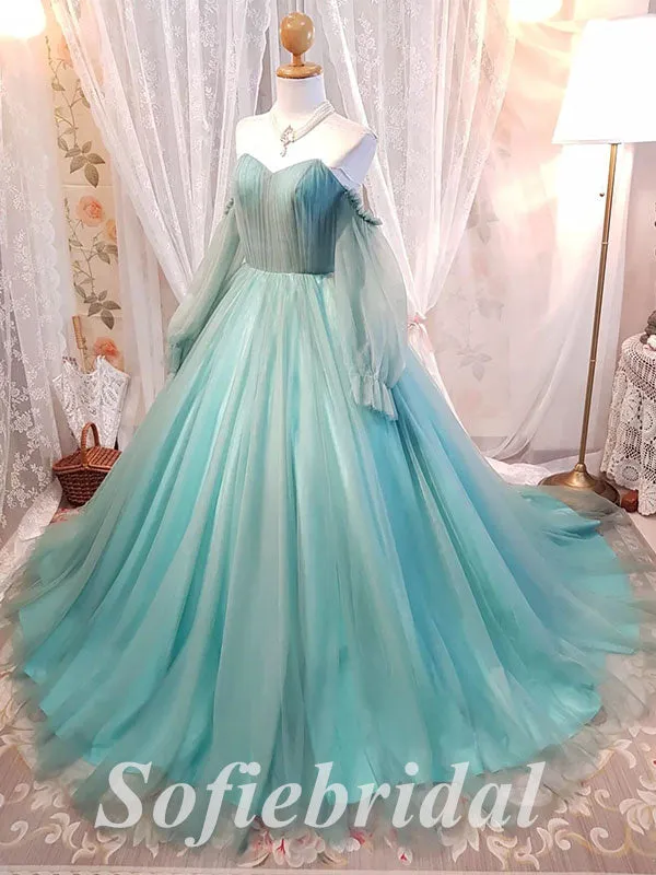 Elegant Tulle  V-Neck Long Sleeves A-Line Long Prom Dresses, PD0852