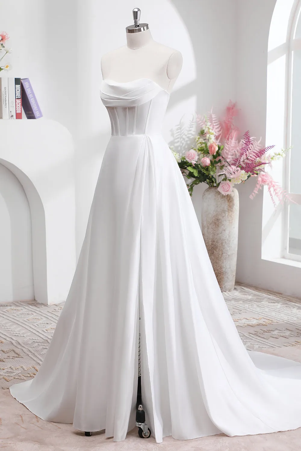 Elegant White A Line Strapless Pleated Sweep Train Wedding Dress with Slit