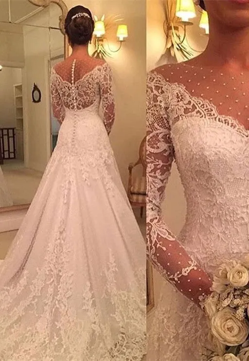 Gorgeous Long Sleeve Lace Wedding Dresses | Bridal Gowns Zipper Back