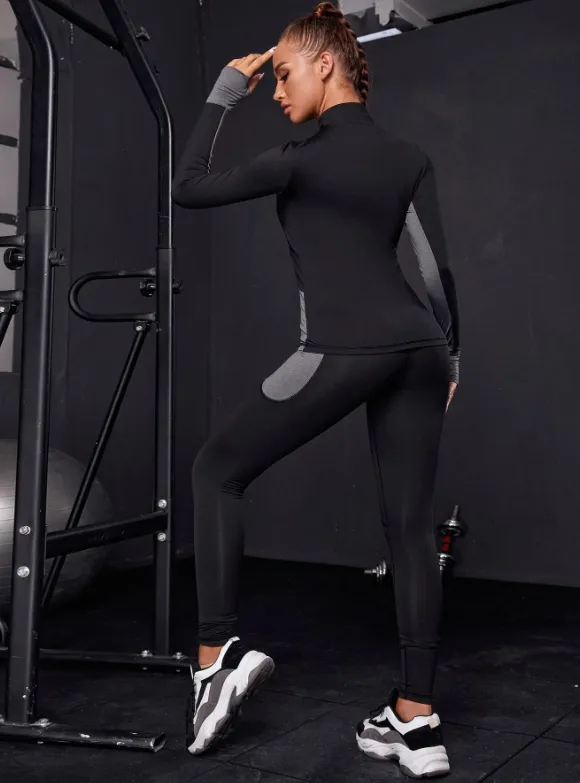 Gym Bunny Black & Grey Zip Front Long Sleeve Gym Set