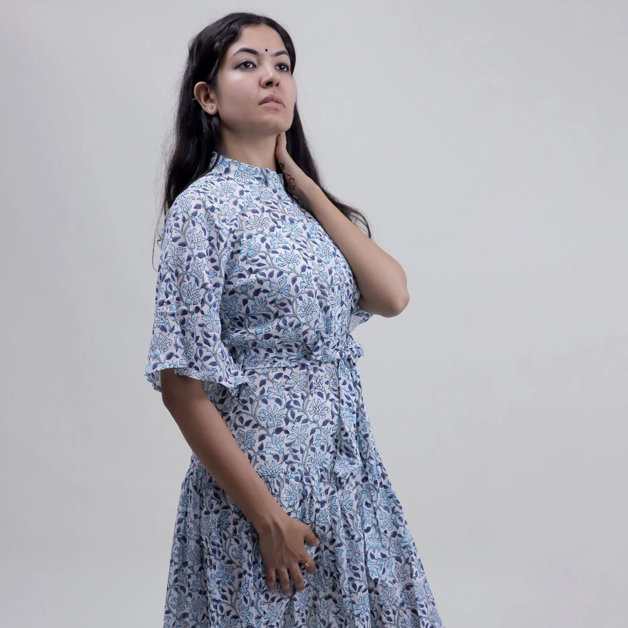 Hand Block Sky Blue Floral Midi Dress