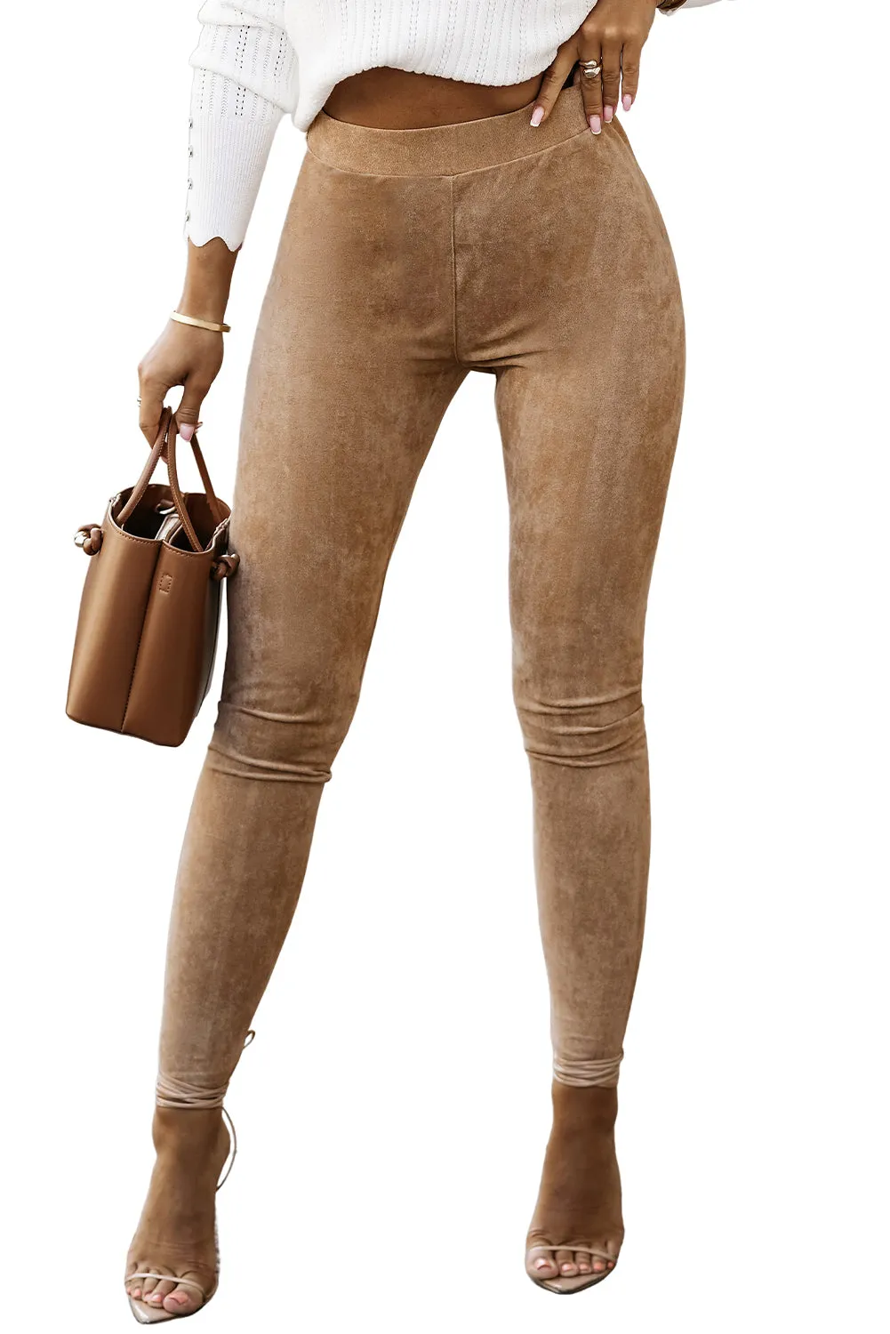 Khaki High Waist Faux Suede Skinny Leggings - Comfortable, Stretchy & Stylish Fit