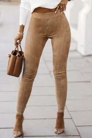 Khaki High Waist Faux Suede Skinny Leggings - Comfortable, Stretchy & Stylish Fit