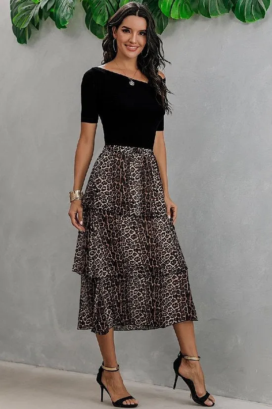 Leopard Print Black Tiered Mid Length Skirt