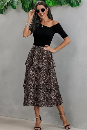 Leopard Print Black Tiered Mid Length Skirt