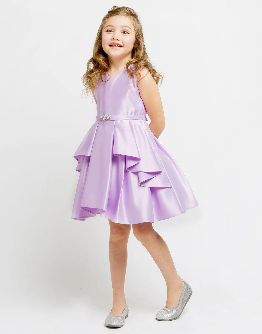 Lustrous Satin Layered Dress with a Rhinestone Brooch - Lavender