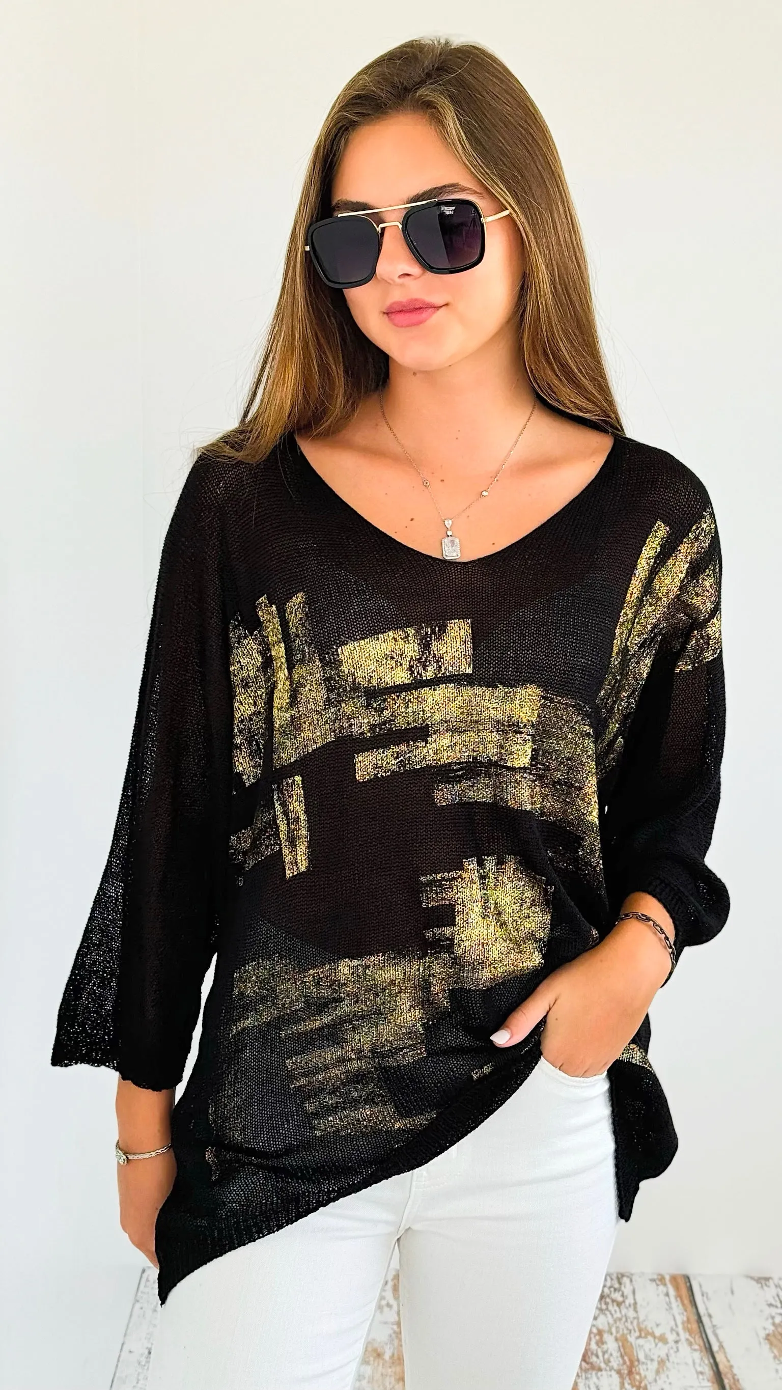 Metallic Printed Ribbed Italian Sweater - Black