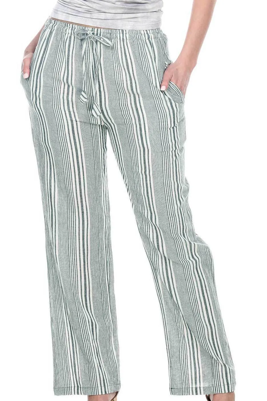 Natural Striped Wide Leg Pants With Drawstring & Pockets