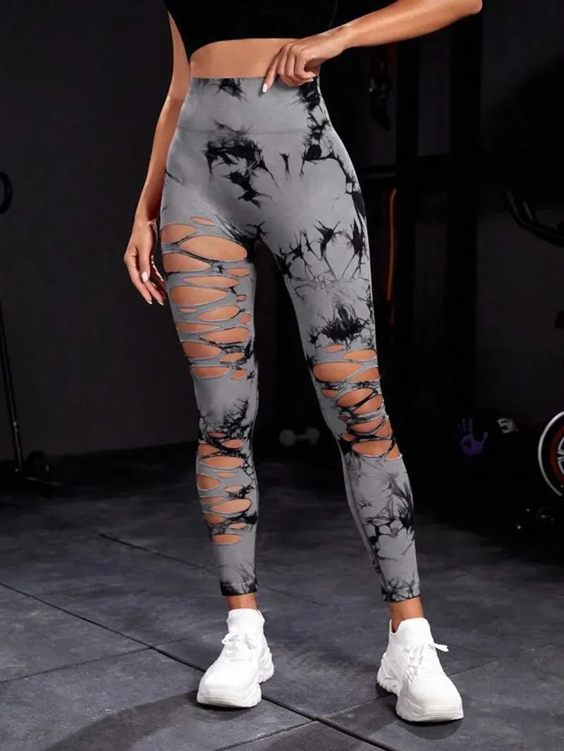 New Sexy Hollow Out Tie Dye Leggings Women Seamless Leggings High Waist Hip Liftting Stretchy Sports Fitness Running Yoga Tights