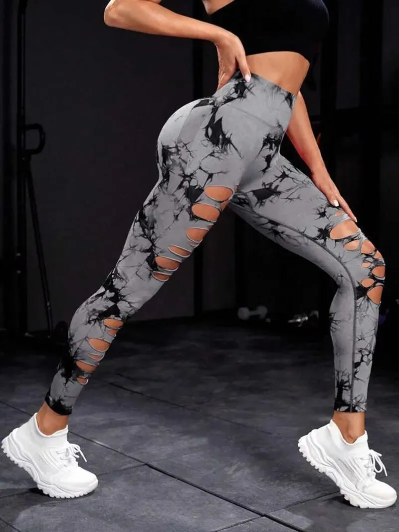 New Sexy Hollow Out Tie Dye Leggings Women Seamless Leggings High Waist Hip Liftting Stretchy Sports Fitness Running Yoga Tights